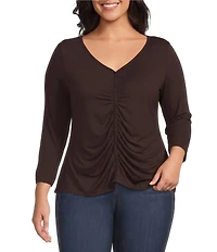 Intro Plus Size V-Neck 3/4 Sleeve Shirred Front Faux Placket Tee