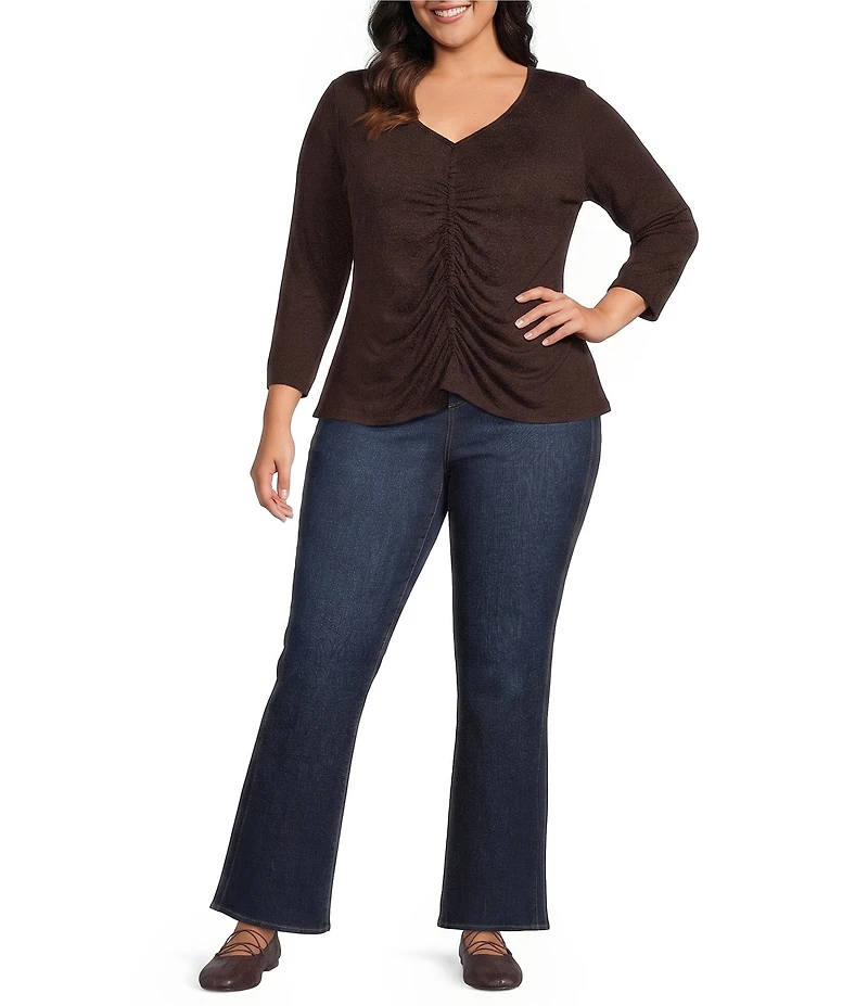 Intro Plus Size V-Neck 3/4 Sleeve Shirred Front Faux Placket Tee
