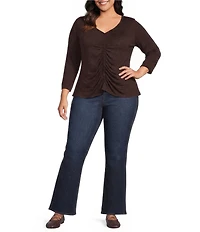 Intro Plus Size V-Neck 3/4 Sleeve Shirred Front Faux Placket Tee