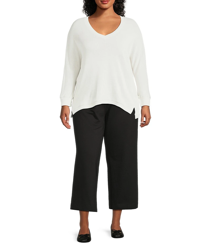 Intro Plus Size V-Neck 3/4 Sleeve Washed Knit Sweater