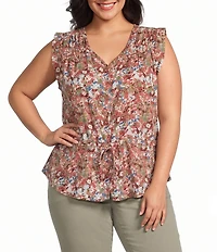 Intro Plus Size Woven Abstract Floral Print Sweetheart Neck Sleeveless Cinched Waist Peplum Blouse