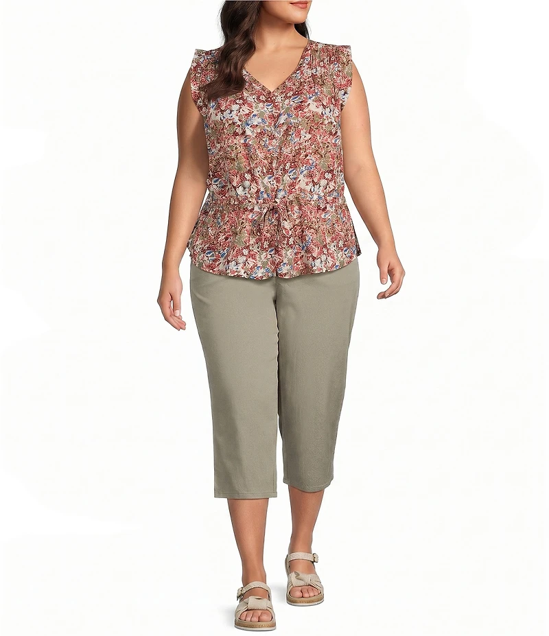 Intro Plus Size Woven Abstract Floral Print Sweetheart Neck Sleeveless Cinched Waist Peplum Blouse