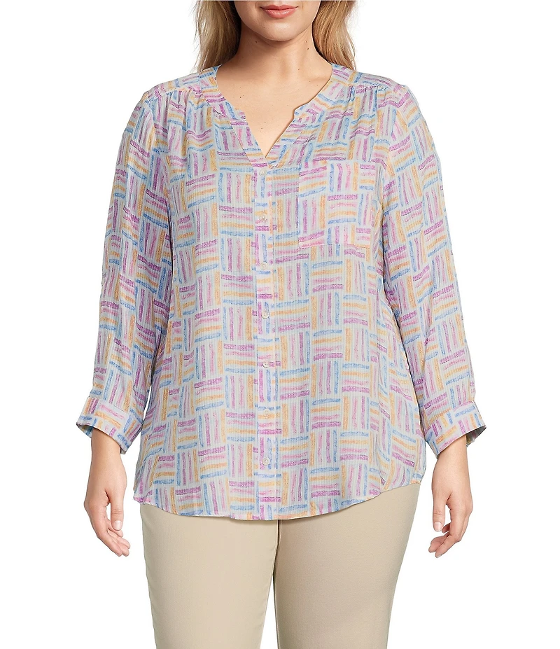 Intro Plus Size Woven Orchid Bouquet Split V-Neck 3/4 Roll-Tab Sleeve Button-Front Shirt
