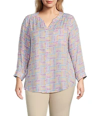Intro Plus Size Woven Orchid Bouquet Split V-Neck 3/4 Roll-Tab Sleeve Button-Front Shirt
