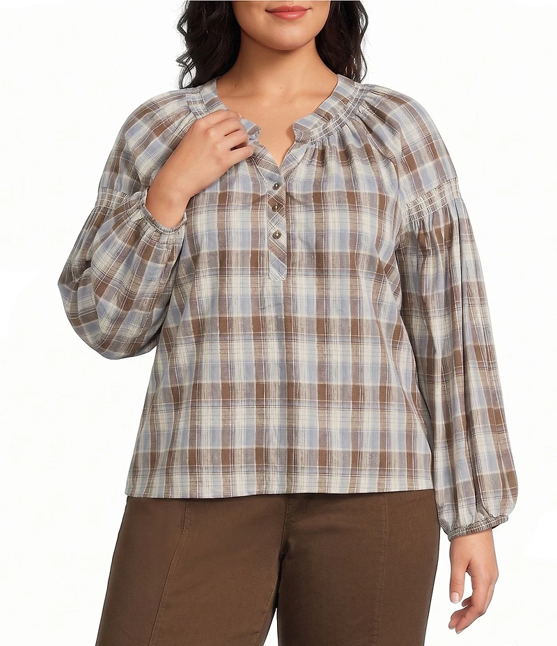 Intro Plus Size Woven Plaid Y-Neck Long Sleeve Top