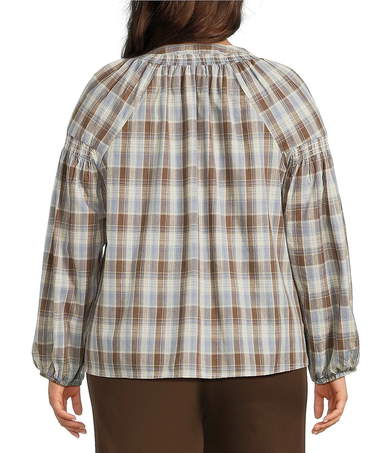 Intro Plus Size Woven Plaid Y-Neck Long Sleeve Top