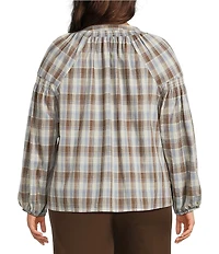 Intro Plus Size Woven Plaid Y-Neck Long Sleeve Top