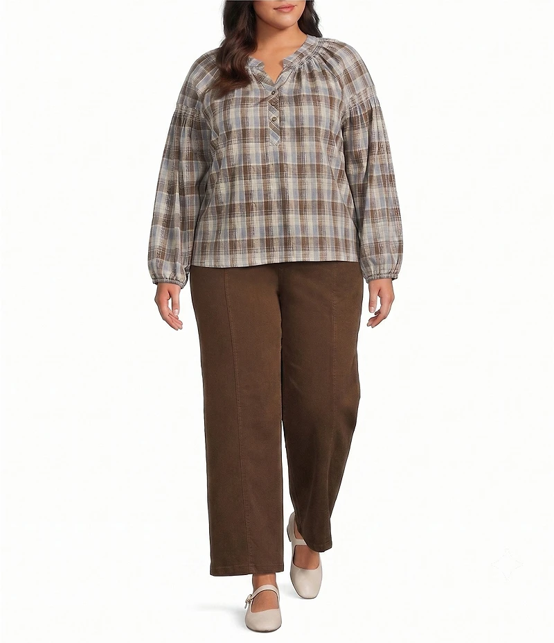 Intro Plus Size Woven Plaid Y-Neck Long Sleeve Top