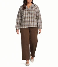 Intro Plus Size Woven Plaid Y-Neck Long Sleeve Top