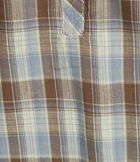 Intro Plus Size Woven Plaid Y-Neck Long Sleeve Top