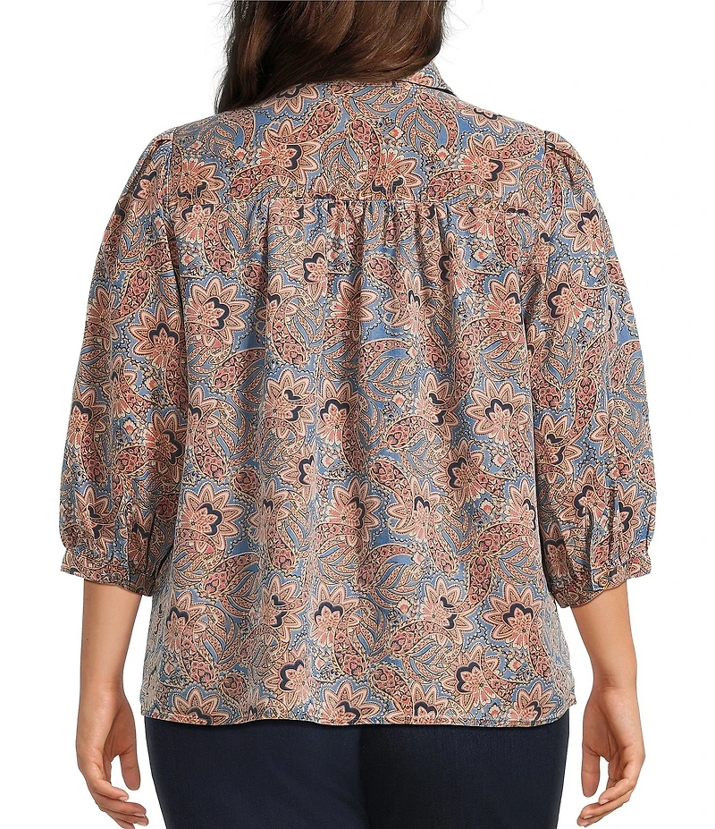 Intro Plus Size Woven Printed Point Collar Long Sleeve Button Front Placket Blouse