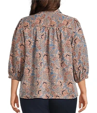 Intro Plus Size Woven Printed Point Collar Long Sleeve Button Front Placket Blouse