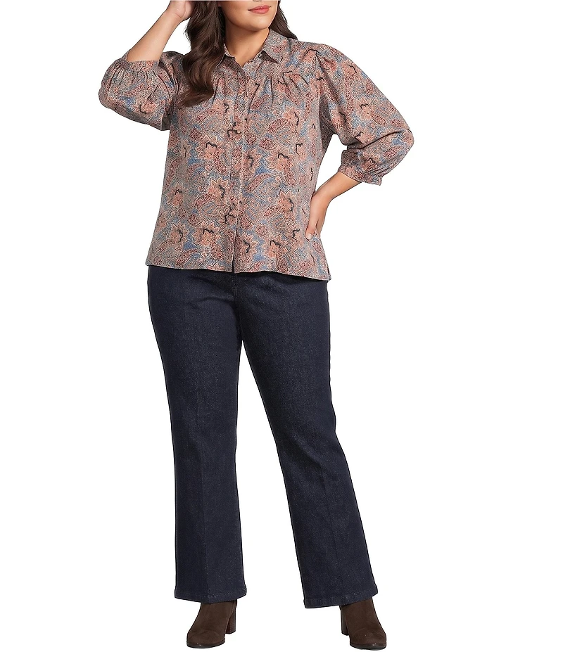 Intro Plus Size Woven Printed Point Collar Long Sleeve Button Front Placket Blouse