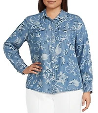 Intro Plus Size Woven Printed Point Collar Long Sleeve Western Shirt