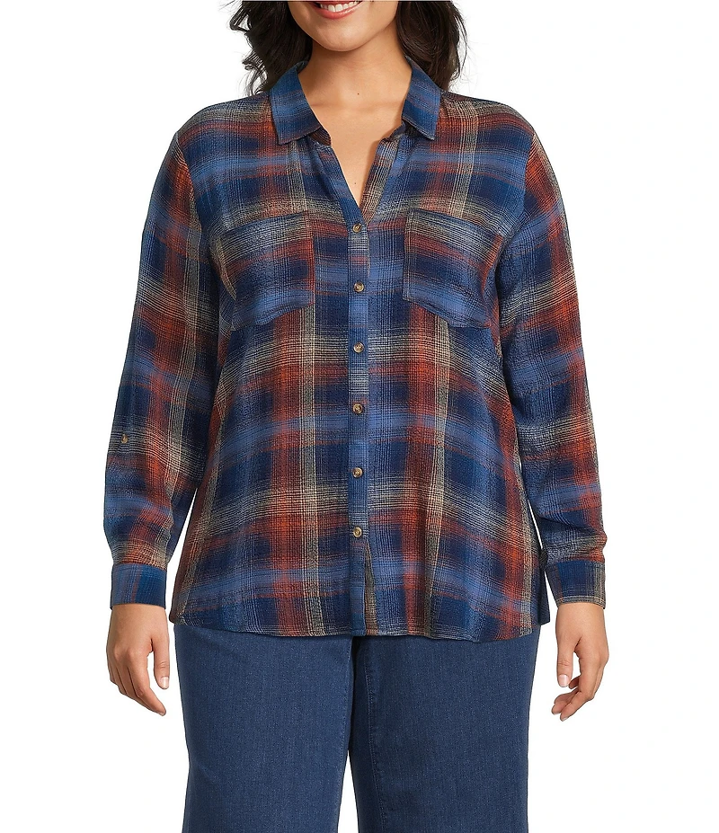 Intro Plus Size Woven Pucker Plaid Blue Quartz Point Collar 3/4 Rolled-Tab Sleeve Button Front Shirt