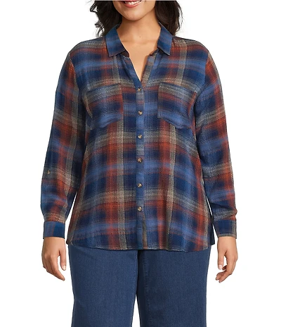 Intro Plus Size Woven Pucker Plaid Blue Quartz Point Collar 3/4 Rolled-Tab Sleeve Button Front Shirt