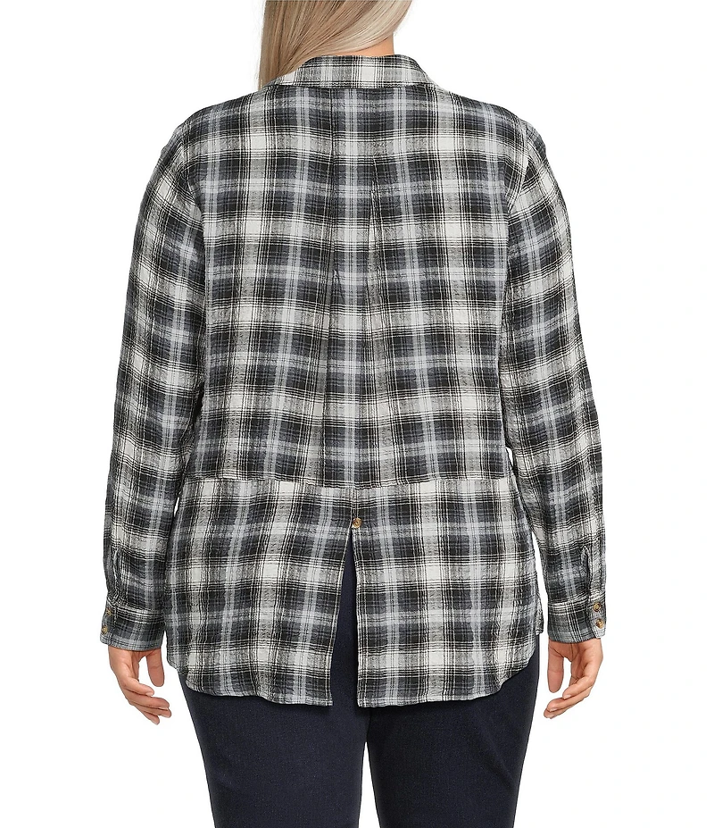 Intro Plus Size Woven Pucker Plaid New Natural Pearl Point Collar 3/4 Rolled-Tab Sleeve Button Front Shirt