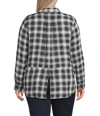 Intro Plus Size Woven Pucker Plaid New Natural Pearl Point Collar 3/4 Rolled-Tab Sleeve Button Front Shirt