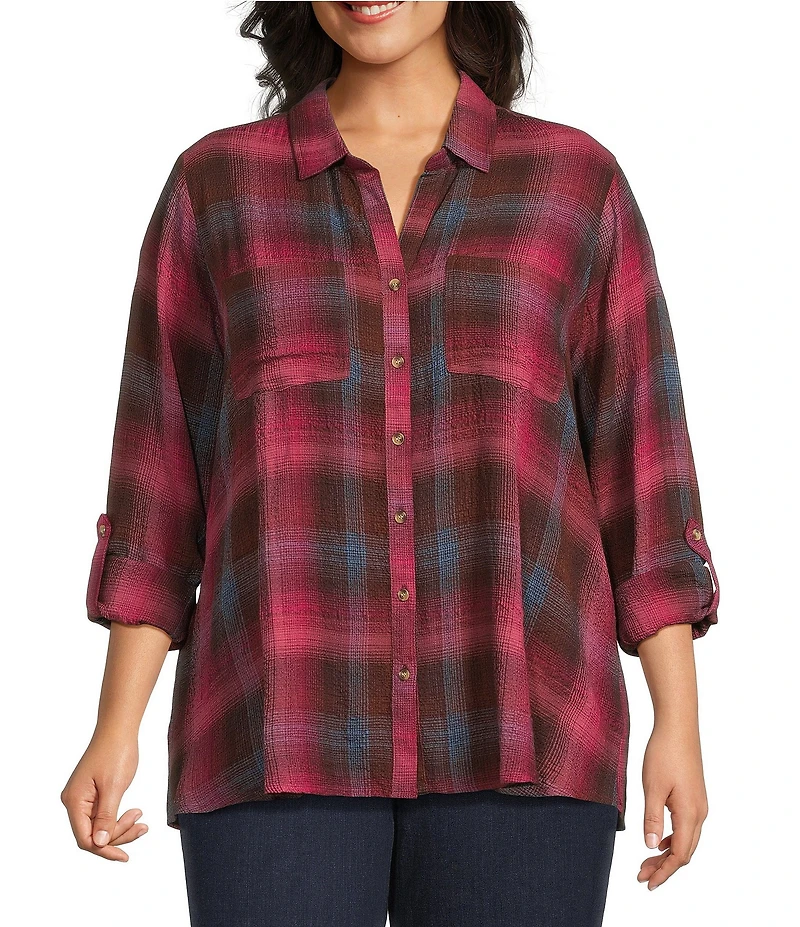 Intro Plus Size Woven Pucker Plaid Red Bud Point Collar 3/4 Rolled-Tab Sleeve Button-Front Shirt
