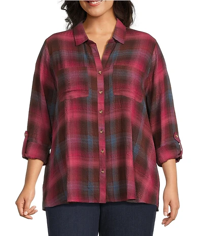 Intro Plus Size Woven Pucker Plaid Red Bud Point Collar 3/4 Rolled-Tab Sleeve Button-Front Shirt