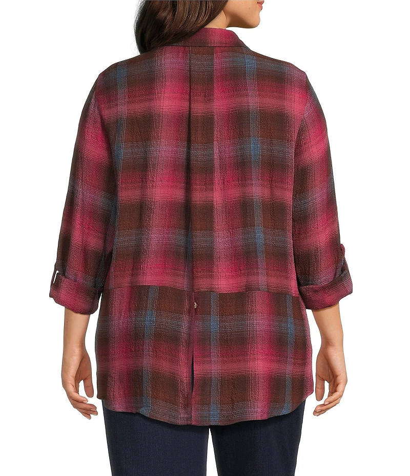 Intro Plus Size Woven Pucker Plaid Red Bud Point Collar 3/4 Rolled-Tab Sleeve Button-Front Shirt