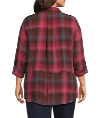 Intro Plus Size Woven Pucker Plaid Red Bud Point Collar 3/4 Rolled-Tab Sleeve Button-Front Shirt