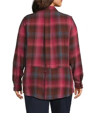 Intro Plus Size Woven Pucker Plaid Red Bud Point Collar 3/4 Rolled-Tab Sleeve Button-Front Shirt