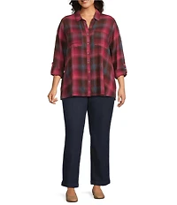 Intro Plus Size Woven Pucker Plaid Red Bud Point Collar 3/4 Rolled-Tab Sleeve Button-Front Shirt