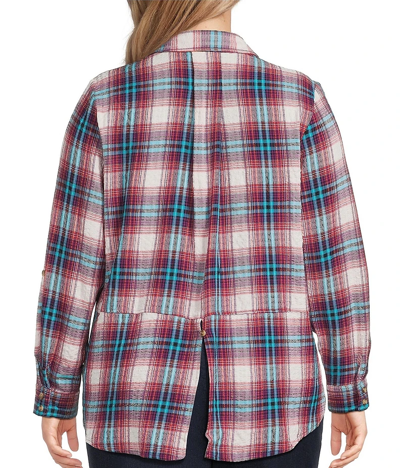 Intro Plus Size Woven Pucker Plaid Wineberry Point Collar 3/4 Rolled-Tab Sleeve Button Front Shirt