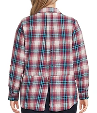 Intro Plus Size Woven Pucker Plaid Wineberry Point Collar 3/4 Rolled-Tab Sleeve Button Front Shirt