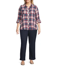 Intro Plus Size Woven Pucker Plaid Wineberry Point Collar 3/4 Rolled-Tab Sleeve Button Front Shirt