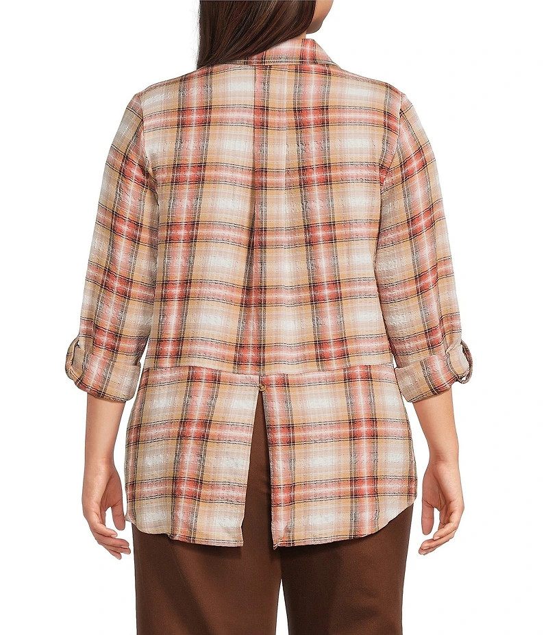 Intro Plus Size Woven Pucker Plaid Wood Thrush Point Collar 3/4 Rolled-Tab Sleeve Button Front Shirt