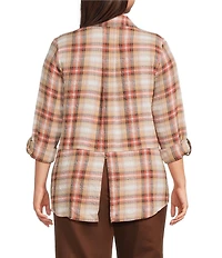 Intro Plus Size Woven Pucker Plaid Wood Thrush Point Collar 3/4 Rolled-Tab Sleeve Button Front Shirt