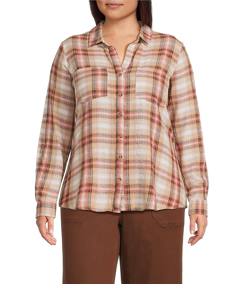Intro Plus Size Woven Pucker Plaid Wood Thrush Point Collar 3/4 Rolled-Tab Sleeve Button Front Shirt