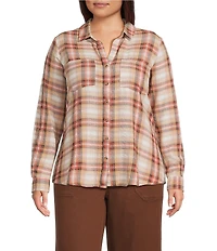 Intro Plus Size Woven Pucker Plaid Wood Thrush Point Collar 3/4 Rolled-Tab Sleeve Button Front Shirt