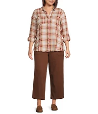 Intro Plus Size Woven Pucker Plaid Wood Thrush Point Collar 3/4 Rolled-Tab Sleeve Button Front Shirt