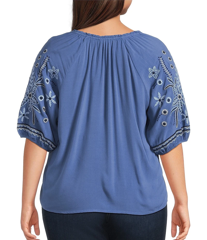 Intro Plus Size Woven Split Ruffle V-Neck Embroidered Elbow Length Sleeve Top