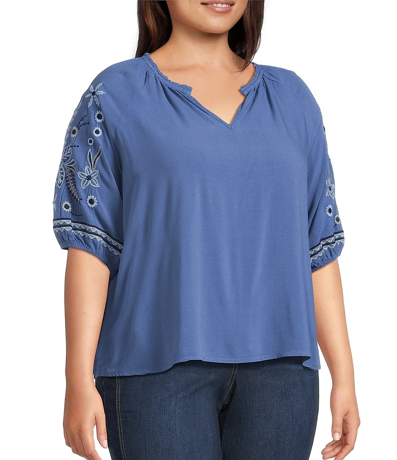 Intro Plus Size Woven Split Ruffle V-Neck Embroidered Elbow Length Sleeve Top