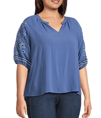 Intro Plus Size Woven Split Ruffle V-Neck Embroidered Elbow Length Sleeve Top