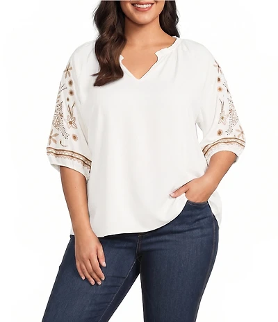Intro Plus Size Woven Split Ruffle V-Neck Embroidered Elbow Length Sleeve Top