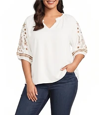Intro Plus Size Woven Split Ruffle V-Neck Embroidered Elbow Length Sleeve Top