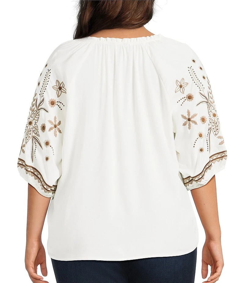 Intro Plus Size Woven Split Ruffle V-Neck Embroidered Elbow Length Sleeve Top