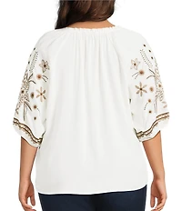 Intro Plus Size Woven Split Ruffle V-Neck Embroidered Elbow Length Sleeve Top