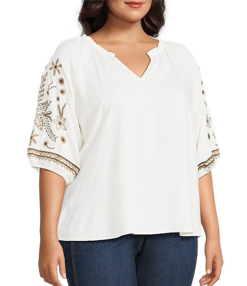 Intro Plus Size Woven Split Ruffle V-Neck Embroidered Elbow Length Sleeve Top