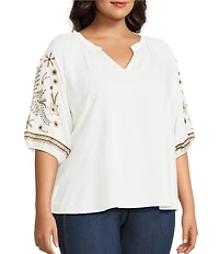 Intro Plus Size Woven Split Ruffle V-Neck Embroidered Elbow Length Sleeve Top