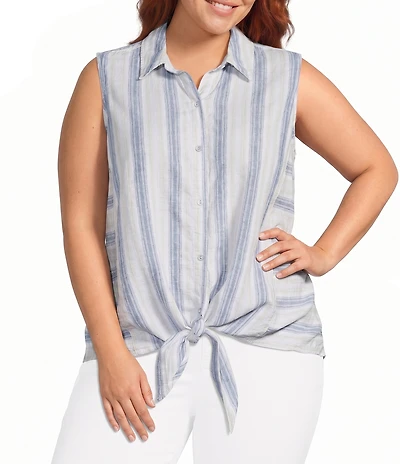 Intro Plus Size Woven Stripe Point Collar Sleeveless Button-Front Tie Hem Shirt