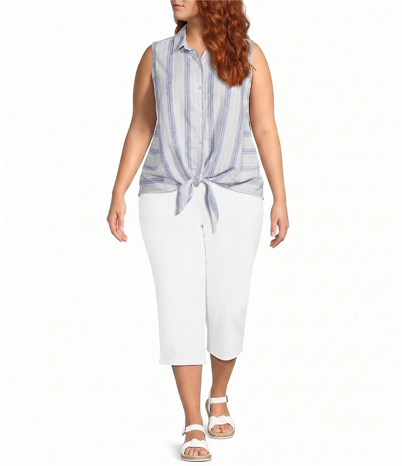 Intro Plus Size Woven Stripe Point Collar Sleeveless Button-Front Tie Hem Shirt