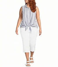 Intro Plus Size Woven Stripe Point Collar Sleeveless Button-Front Tie Hem Shirt