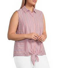 Intro Plus Size Woven Stripe Point Collar Sleeveless Button-Front Tie Hem Shirt