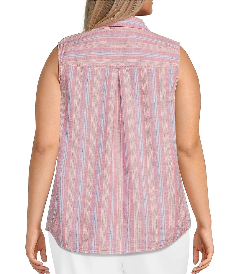 Intro Plus Size Woven Stripe Point Collar Sleeveless Button-Front Tie Hem Shirt